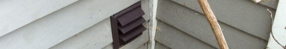Dark brown dryer vent on the outside of a house with gray siding. Branches appear in the right side of the photo.